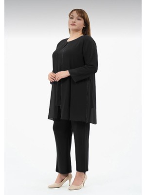 Ayşim Kadın Büyük Beden Şifon Taşlı Pantolonlu Ikili Tunik Takım