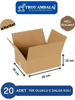 25X25X15 Tek Oluklu Kutu C Dalga (20 Adet) Taşıma Taşınma Kolisi Boş Karton