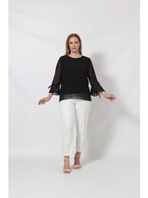 3119S Siyah Kolu Valon ve Bağcık Detaylı Bluz