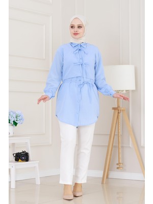 Cepken Detaylı Bağlamalı Keten Tunik-Bebe Mavi