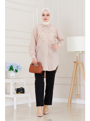 Önü Fiyonk Detaylı Keten Tunik-Bej