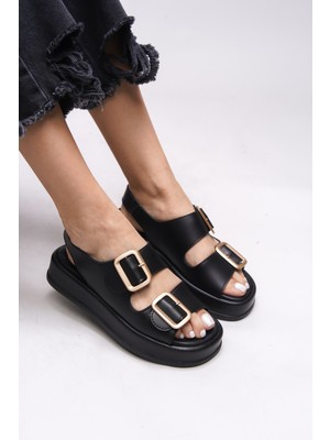 Riccon Kadın Sandalet Rahat Kullanım İçin Çift Tokalı Siyah Renk 0012793