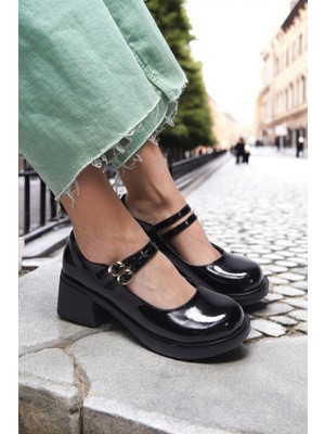 Riccon Merlyrra Kadın Loafer Siyah Rugan Kısa Topuklu Ayakkabı Rahat Kullanım