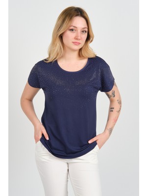 Ella Camelia Kadın Düşük Kollu Taş Süsleme Detaylı Bisiklet Yaka Bluz 24E116 Lacivert
