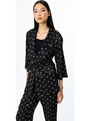 Ekol Kadın Beli Bağcıklı Desenli Ceket 4242 Siyah