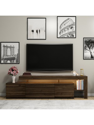 İnarch Dizayn Beliz Modern LED Işıklı 3 Kapaklı, Raflı TV Sehpası – 192 cm, Ceviz