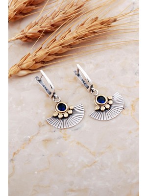 Sümer Telkari Safir Taşlı Yelpaze Çekiç Dövme Tasarım Elişi Gümüş Küpe 7193