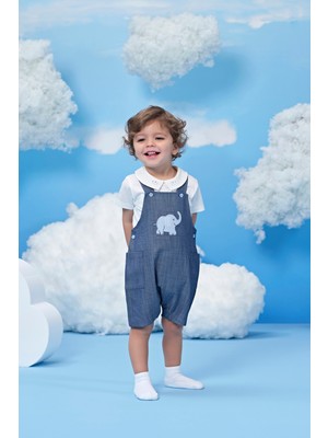 Minycenter Fil Nakış Detaylı Çok Renkli Erkek Bebek Salopet Set Kısa Kol Tişört Ve Denim Tulum