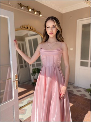 Organze Saten Midi Boy Askılı Elbise
