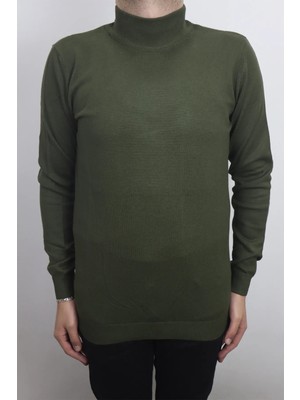 Santa Fistan Store Erkek Haki Yeşil Düz Spor Kesim Normal Kalıp Yarım Balıkçı Yaka Kışlık Kazak