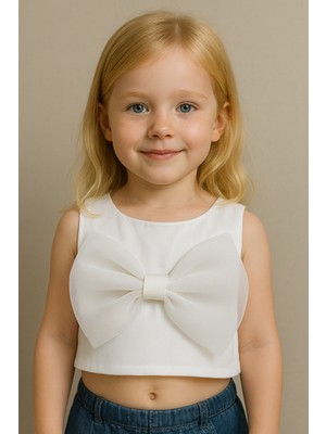 Kız Çocuk Pamuklu Beyaz Kurdele Detaylı Crop T-Shirt