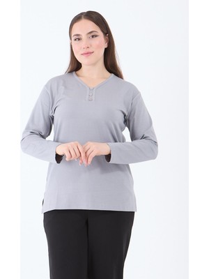 Kadın Orta Yaş ve Üzeri V Yaka Likralı Gri Anne Penye Bluz