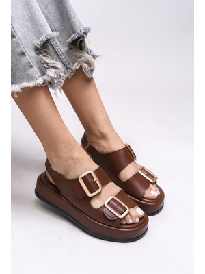 Riccon Kadın Çift Tokalı Kahve Cilt Sandalet 0012793 Rahat ve Şık Tasarım