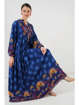 Gökyüzü Moda 2423 Otantik Desenli Tesettür Elbise - Lacivert 5