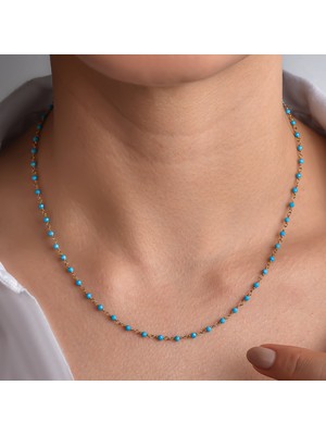 14 Ayar Altın Kaplama Turkuaz Renkli Doğal Taş  El Yapımı Gümüş Kolye - CNS00627