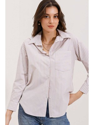 Gökyüzü Moda 20205 Çizgili Oversize Gömlek - Krem