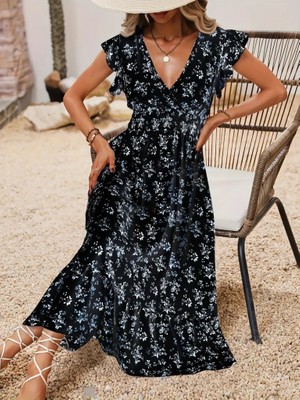 Gökyüzü Moda Kadın Kısa Kollu Kruvaze Yakalı Beli Lastikli Çiçek Desenli Elbise