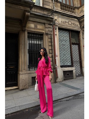 Gökyüzü Moda Saten Kruvaze Bağlamalı Bluz- Pantolon Takım - Fuşya