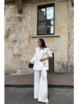 Gökyüzü Moda Tasarım Etiket Detaylı Ceket - Pantolon Takım - Beyaz
