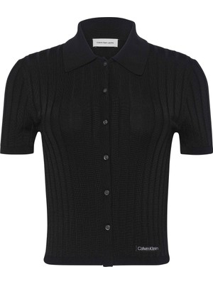 Calvin Klein Jeans Polo Yaka Standart Düz Siyah Kazak Kadın LV047AB304UB1