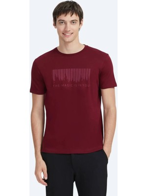 Bordo Baskılı Bisiklet Yaka %100 Pamuk T-Shirt