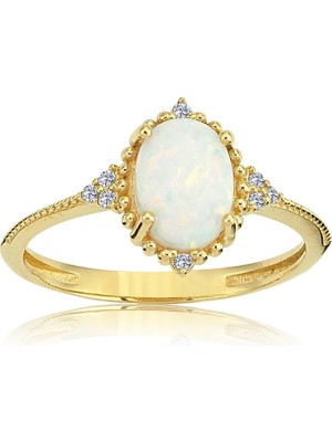 Fasek Gold Beyaz Oval Taşlı Prenses Gümüş Yüzük-Opal Taşlı Prenses Tasarım Yüzük-Hediye Gümüş Yüzük