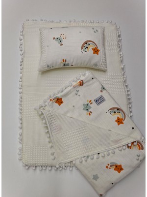 Lucky Kids 3'lü Alt Açma Seti Çift Taraflı , Müslin & Pike Kumaş , Battaniye, Bebek Yastığı, Alt Açma Minderi