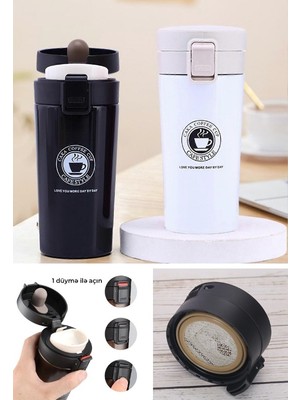 Biton Toptan Biton  2 Adet Siyah Beyaz Inox Mug Termos 12 Saate Kadar Sıcak Soğuk Tutma Filtreli Çift Katmanlı 380ML