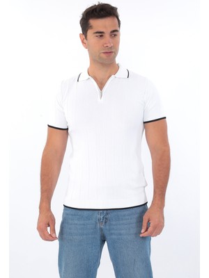 Monox Erkek Polo Yaka Fermuarlı Çizgili Spor Yazlık Triko Tişort