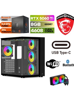 Gaming Pc Ddr5  - Rtx 5060Tİ 8gb – Ryzen 9 7900X – 32GB – 64GB - Ddr5 Ram – 1tb M.2 SSD -Sıvı Sogutmalı – Windows 11 Pro