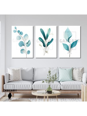 Gaagart 3'lü Kanvas Salon Duvar Tablosu Su Yeşili Boho Yapraklar