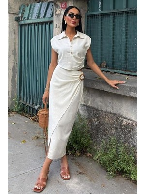 Passense Bluzu Büzgülü ve Eteği Tokalı Keten Takım 10204