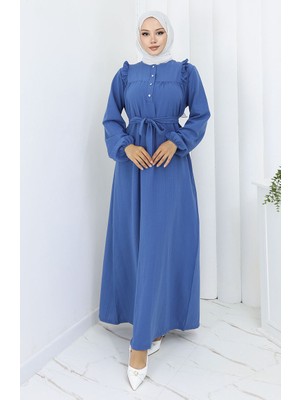 Sefa Merve Aerobin Kumaş Fırfırlı Kuşaklı Elbise 2064-03 Indigo