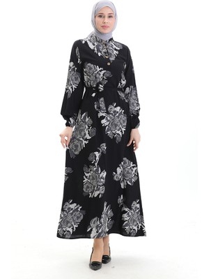Sefa Merve Düğmeli Desenli Kuşaklı Elbise 2076-04 Siyah Gri