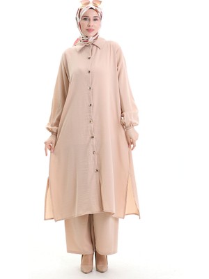 Sefa Merve Düğmeli Uzun Tunik Pantolon Ikili Takım 0089-09 Vizon