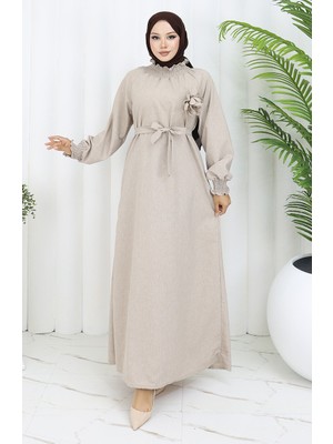 Sefa Merve Lastik Detaylı Kuşaklı Elbise 2063-02 Vizon