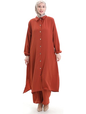 Sefa Merve Düğmeli Uzun Tunik Pantolon Ikili Takım 0089-07 Kiremit