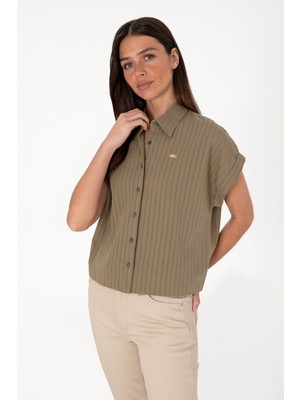 U.S. Polo Assn. Kadın Vizon Çizgili Kısa Kollu Gömlek 50306388-VR052