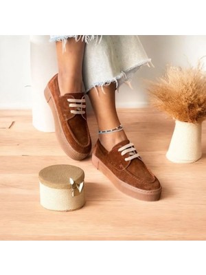 Taba Süet Hakiki Deri Kadın Günlük Rahat Bağcıklı Ayakkabı