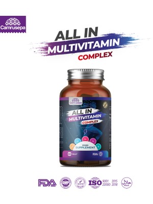 Camrusepa All In Multivitamin Complex | 60 Tablet (Kalsiyum, Demir, Çinko, D3, B12, C, B3, E, B5, A, B6, B1, B2, D-Biotin, Manganez, Bakır)