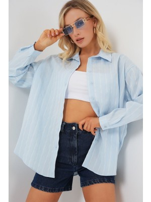 Gökyüzü Moda 3900 Oversize Uzun Basic Gömlek - C.mavi