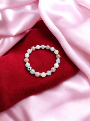 🧿 Nazar Boncuklu Doğal Taş Kadın Bileklik – Pembe Kuvars, Ay Taşı, Akuamarin – Sertifikalı