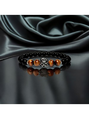 Güçlü Erkeklere Özel | Aslan Detaylı Kaplan Gözü Doğal Taş Bileklik > Sertifikalı