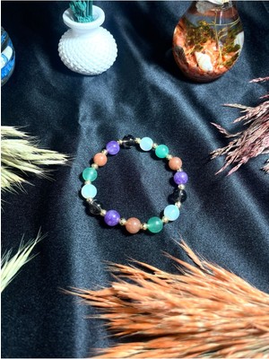 Rengarenk Yaz Bilekliği | Aventurin - Ay - Güneş - Dumanlı Kuvars - Ametist | Sertifikalı