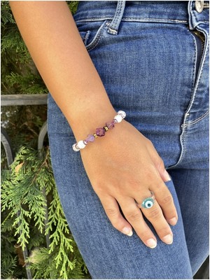 Ruhunuzu Yansıtın - Mor Kristal ve Beyaz Necef Doğal Taş Bileklik > Sertifikalı