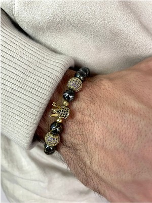 Güç ve Şöhret Bir Arada > Hematit ve Zirkonyum Detaylı Doğal Taş Bileklik | Kraliyet Ailesi