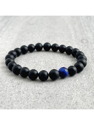 Erkek Mat Siyah Oniks ve Tek Mavi Kaplan Gözü Doğal Taş Bileklik