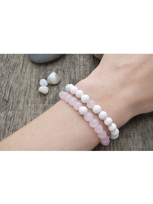 Kadın Pembe Kuvars Beyaz Howlite ve Rodonit Doğal Taş Bileklik
