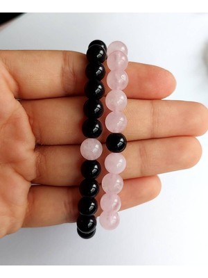 Çiftler Ilişki Pembe Kuvars Siyah Doğal Taş Bileklik