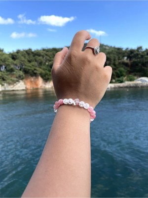A+ Kalite > Pembe Kuvars ve Necef Doğal Taş Kadın Bileklik - Handcrafted